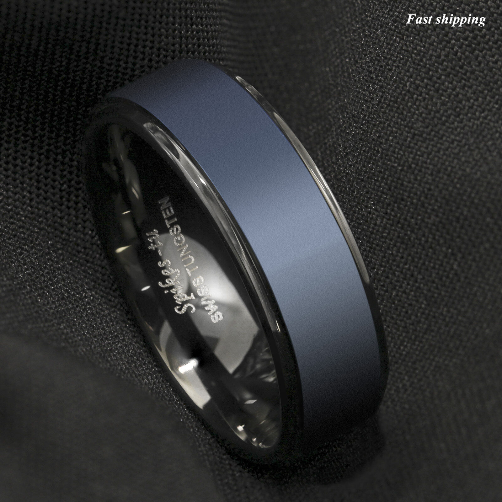 Black Tungsten Carbide Ring Sea Blue Brushed Center Bridal Band Atop Men Jewelry