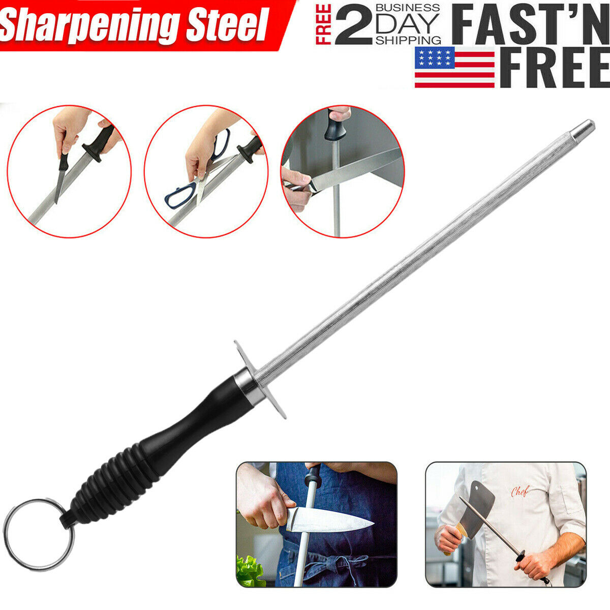 10" Steel Knife Sharpening Steel Sharpener Rod Professional Honing Diamond Stick