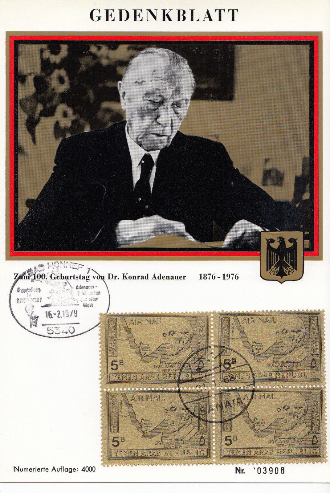 Yemen Arab Republic 1979 ☀ Air Mail Map Dr. Konrad Adenauer 100th Birt Fdc Sheet