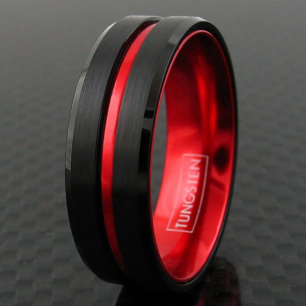 Black Tungsten Men's Thin Red Line Band Ring-firefighters First Responders Tw