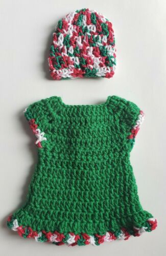 Hand Crocheted Micro-preemie Or Doll  Dress And Hat.  Green & Christmas Colors.