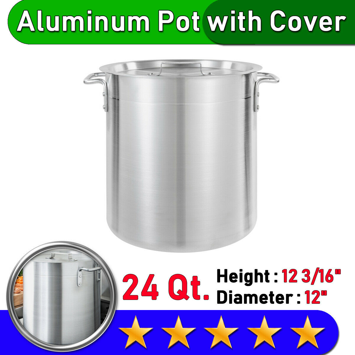 Aluminum Stock Pot | 24 Qt. | Standard Weight | With Cover | Straight Sides