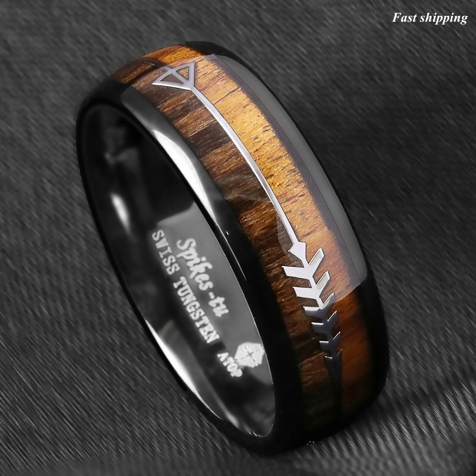 8/6mm Black Dome Tungsten Ring 2 Style Wood Arrow Wedding Band Atop Men Jewelry