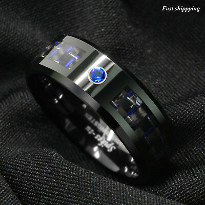 Black And Blue Carbon Fiber Tungsten Ring Blue Diamond Atop Men's Wedding Band