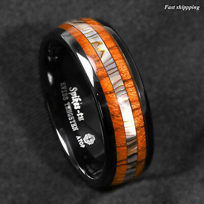 8/6mm Black Tungsten Carbide Ring Koa Wood Abalone Atop Wedding Band Men Jewelry