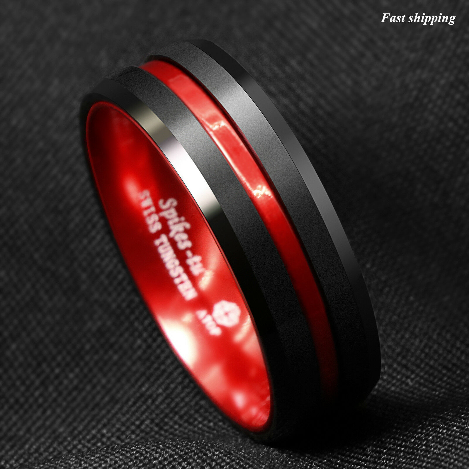 8/6mm Black Tungsten Carbide Thin Red Line Wedding Band Ring Atop Men's Jewelry