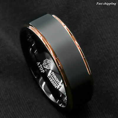 Tungsten Carbide Ring Rose Gold Black Brushed Wedding Band Ring Men's Jewelry