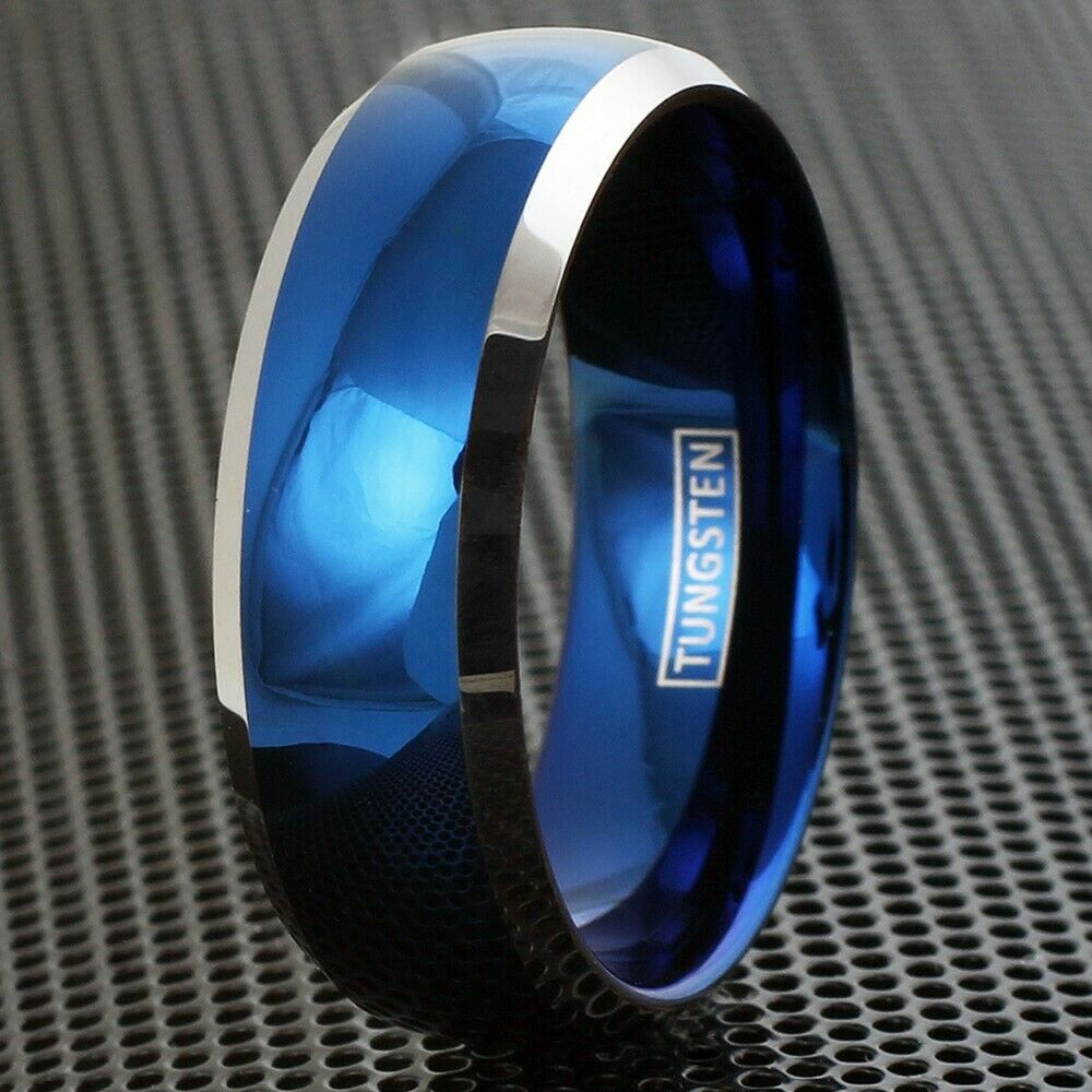 8mm Tungsten Men's Blue Domed With Beveled Silver Edges Band Ring Size 5-15