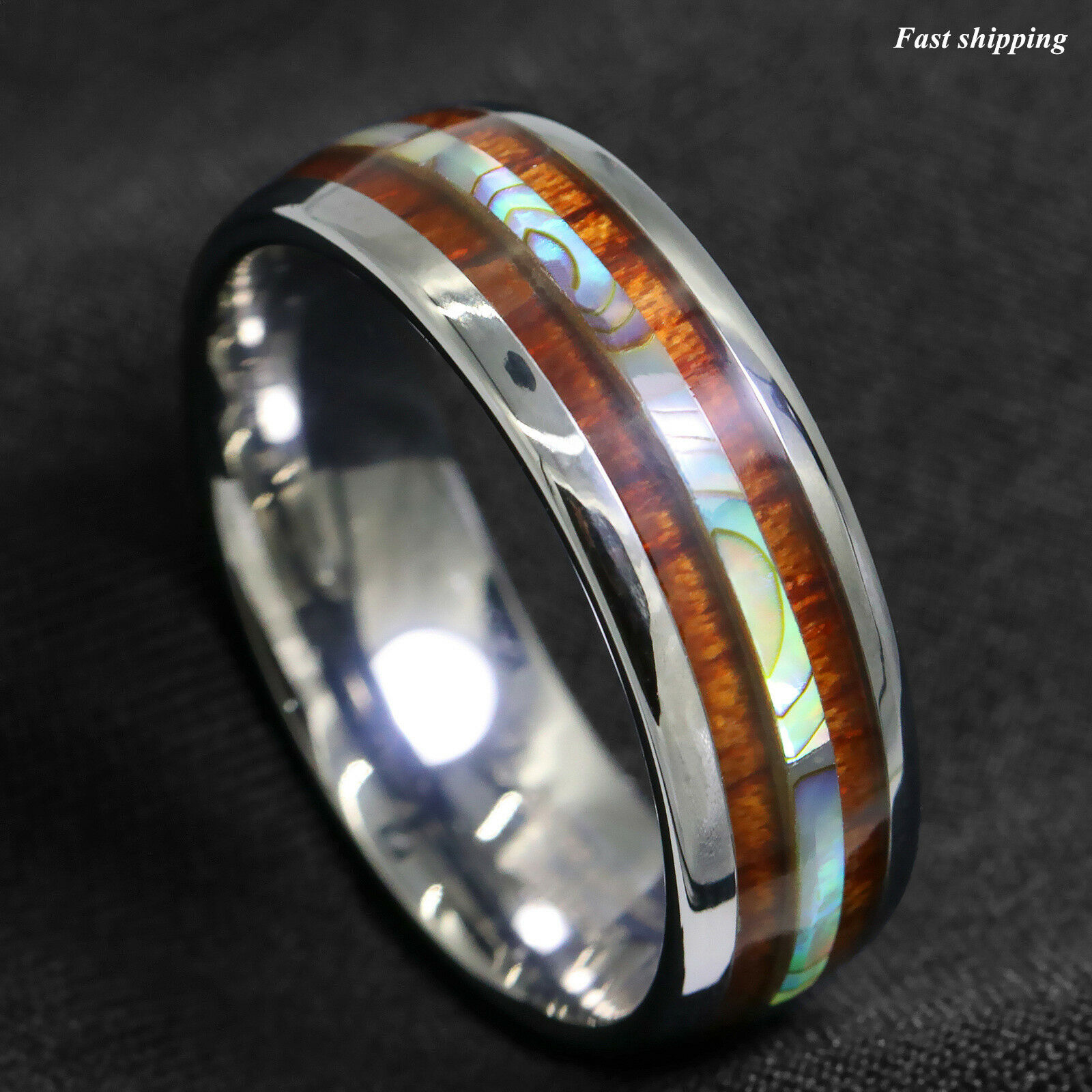 8/6mm Tungsten Carbide Ring Koa Wood Abalone Atop Wedding Band Ring Men Jewelry