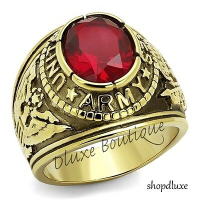 Men's 14k Gold Plated Siam Red United States Us Army Military Ring Size 8-14
