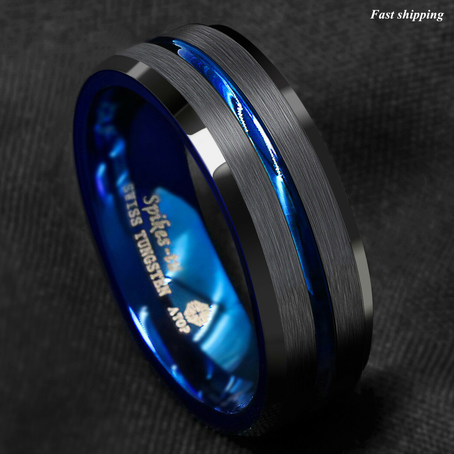 8/6mm Tungsten Men's Ring Thin Blue Line-inside Black Brushed Band Atop Jewelry
