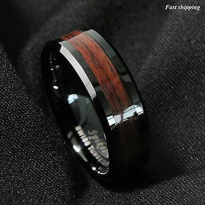 8mm Black Men's Tungsten Carbide Ring Red Wood Inlay Wedding Band Mens Jewelry