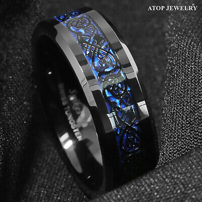 8/6mm Tungsten Carbide Ring Black Celtic Dragon Blue Carbon Fibre Atop Jewelry