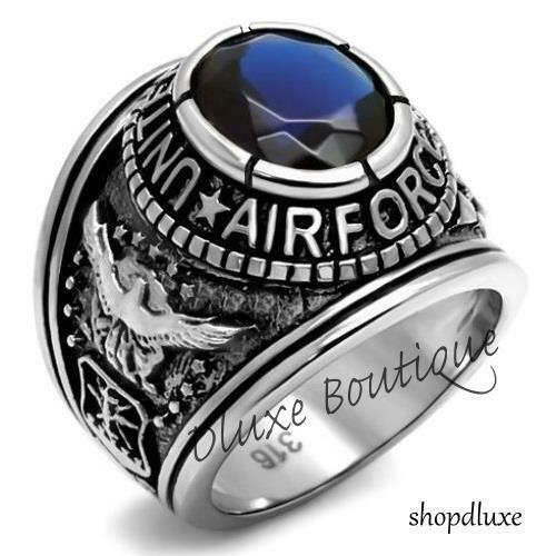 Men's Stainless Steel Simulated Sapphire Us Air Force Military Ring Size 8-14