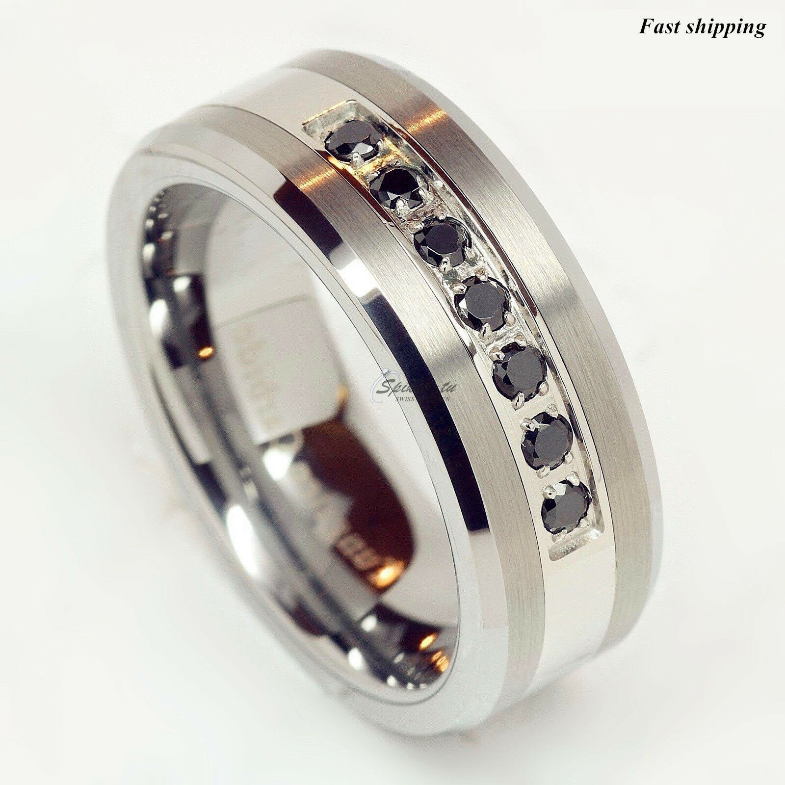 Luxury Atop Tungsten Ring Black Diamonds Mens Wedding Band Brushed Size 6-13