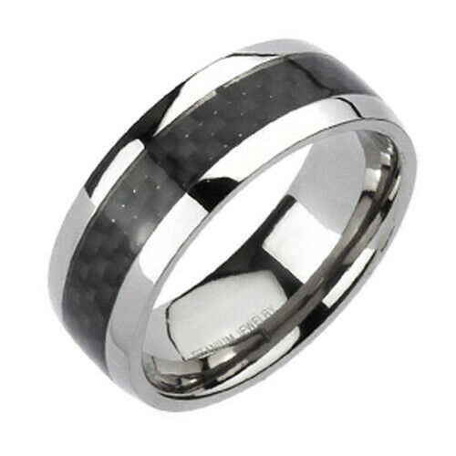 Titanium Black Carbon Fiber Stripe Comfort Fit Men's Wedding Band Ring Size 5-15