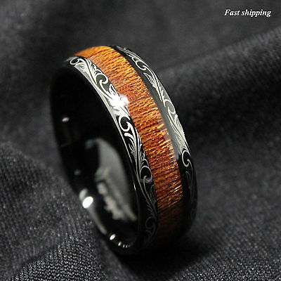 Black Tungsten Carbide Ring Koa Wood Inlay Dome Wedding Band Atop Men's Jewelry