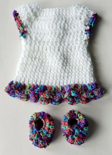 Hand Crocheted Preemie Or Doll Dress With Booties.  White &  Multicolored