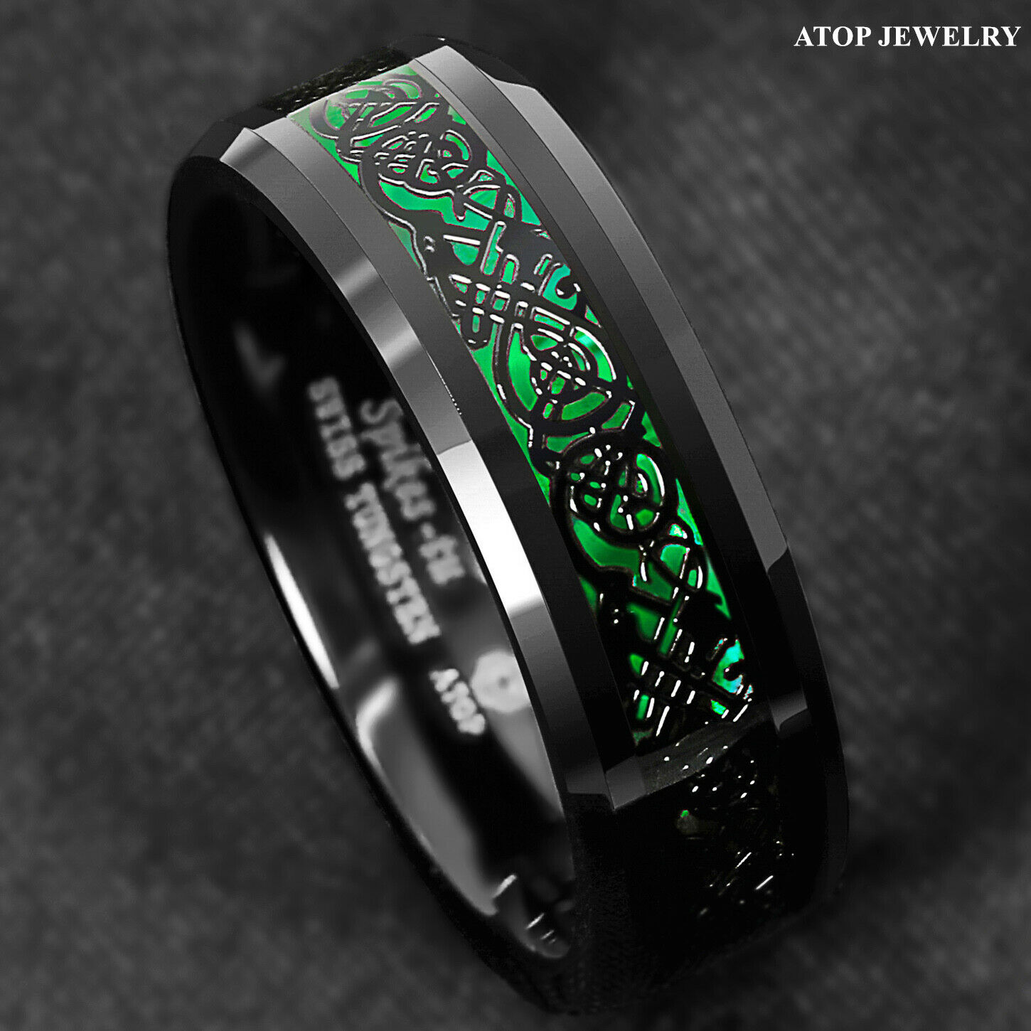 8mm Tungsten Ring Black Celtic Dragon Green Carbon Fiber Atop Mens Wedding Band