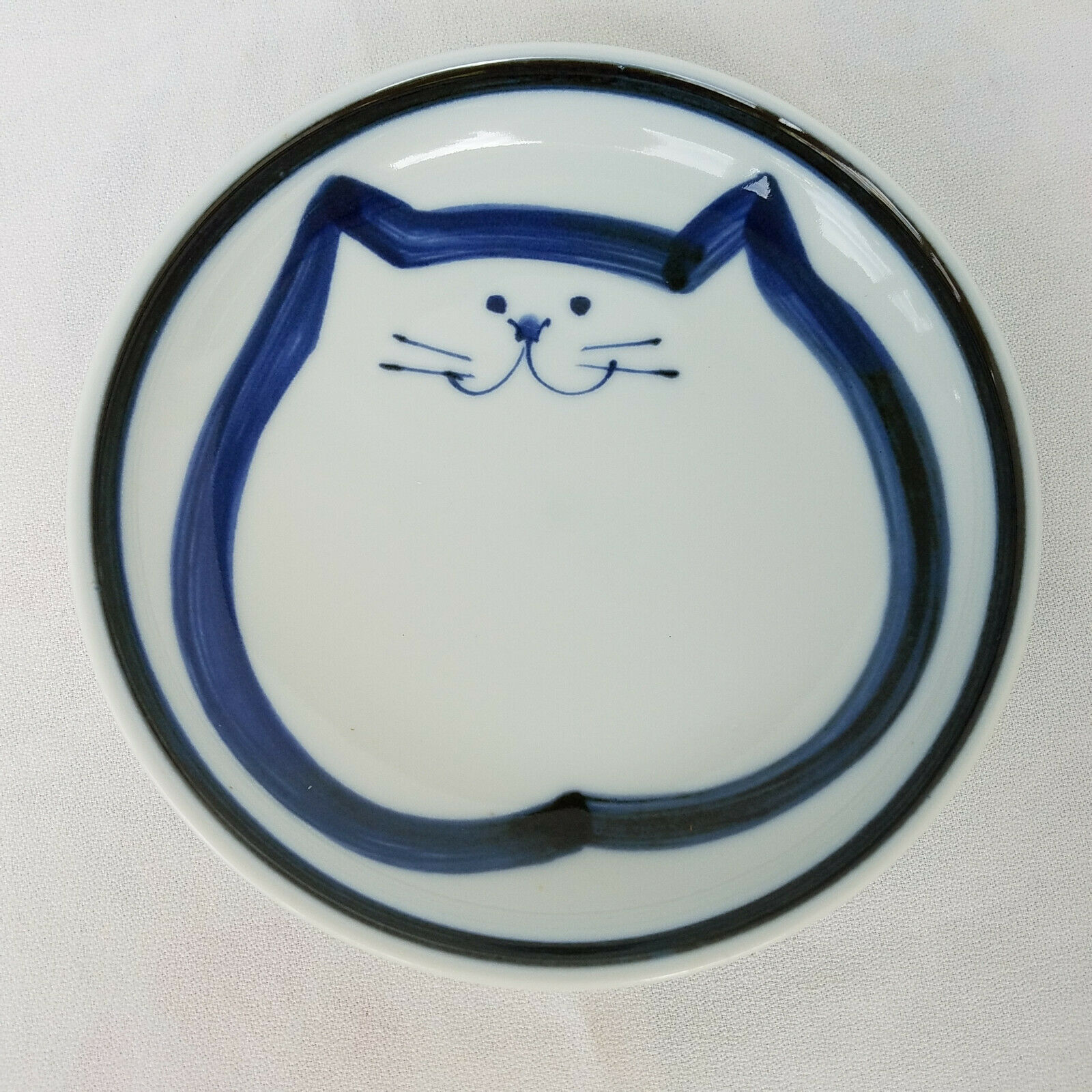 Vintage Blue & White Takahashi Japan Pottery Smiling Cat Food Bowl