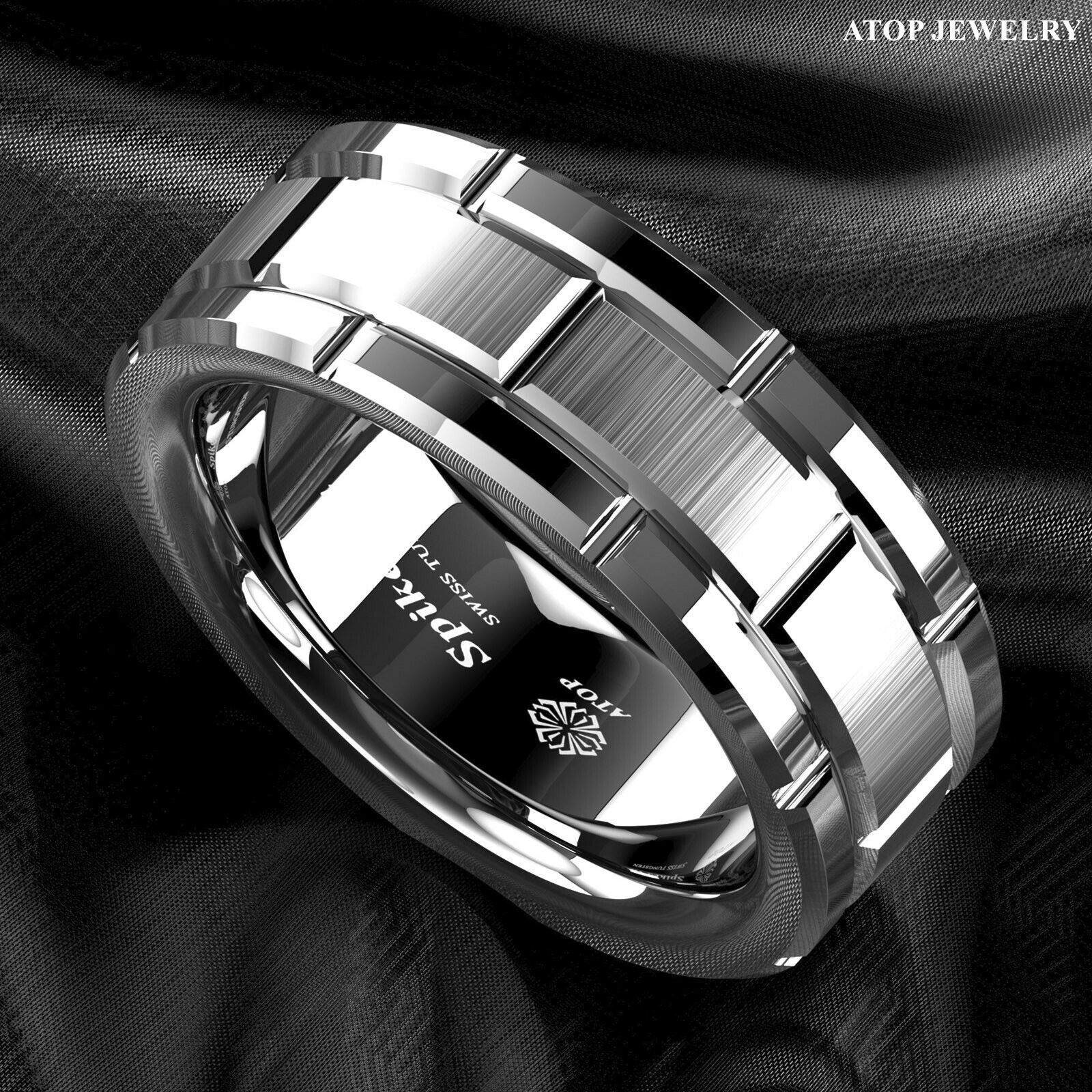 8mm Men's Tungsten Carbide Ring Silver Wedding Band Brick Pattern Size 6-13 Atop