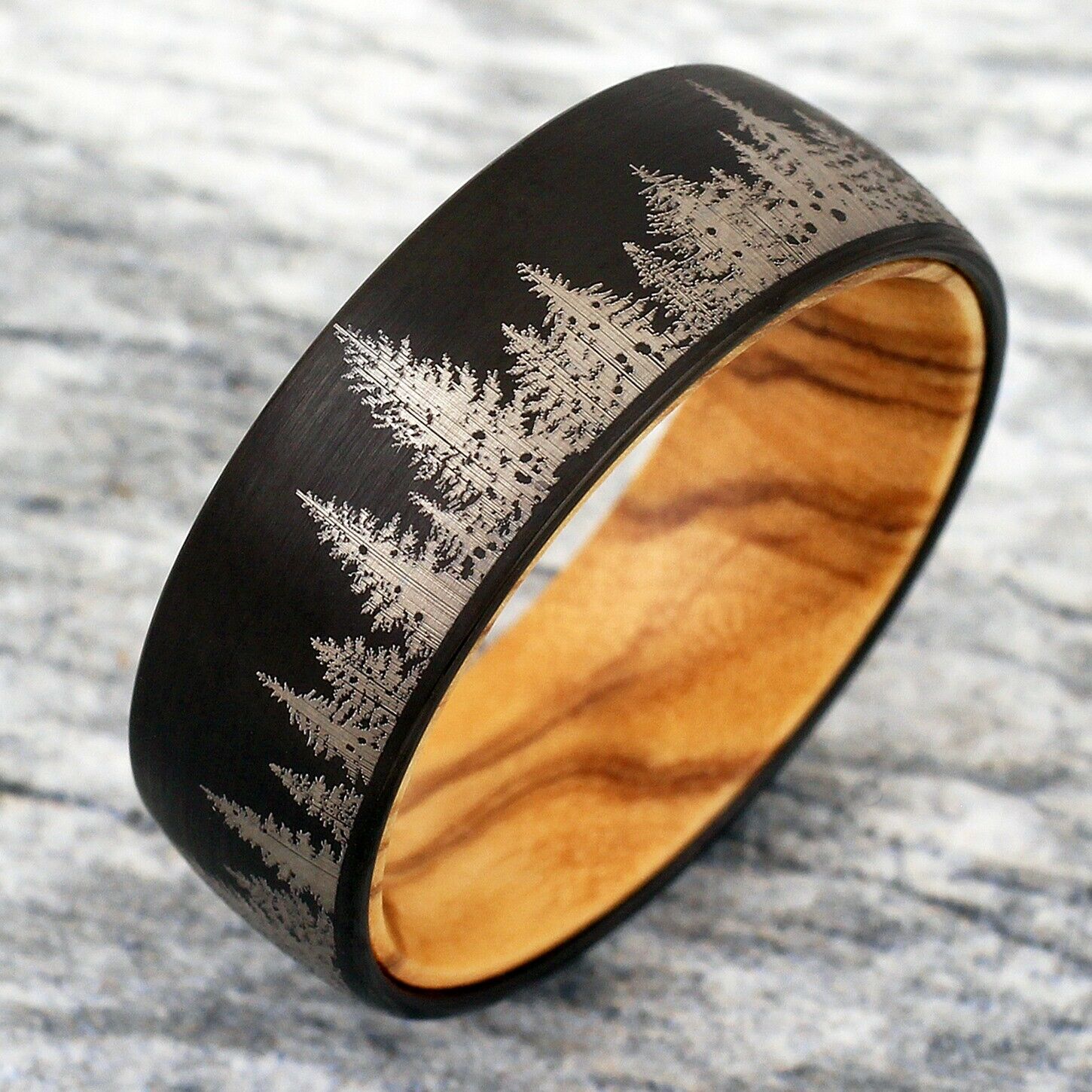 8mm Tungsten Black Forest Tree Setting With Olive Wood Inside Wedding Band Ring