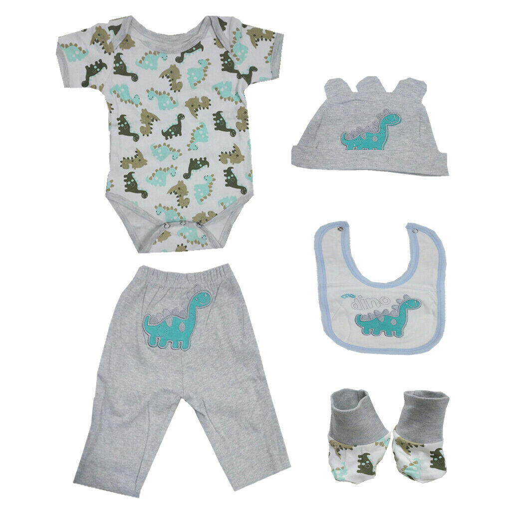 Dinosaur Printed Rompers Pants Hat Socks Bib Clothes For 22-23inch Baby Doll