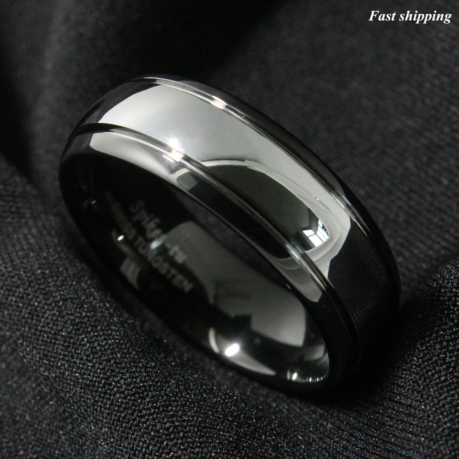 8/6mm Dome Black Silver Center Tungsten Carbide Ring Atop Wedding Band Bridal